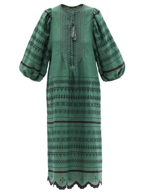 Belarus Beaded Embroidered Linen Dress - Womens - Green Multi