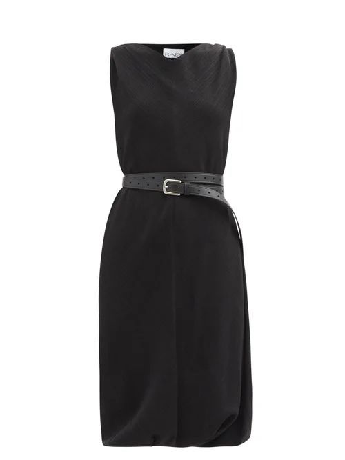 Belted Crinkled-silk Shift Dress - Womens - Black