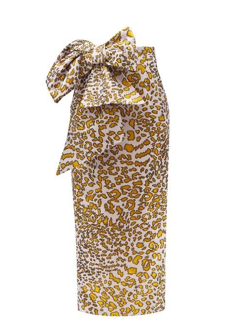Bow-embellished Leopard-jacquard Linen-blend Dress - Womens - Black Gold