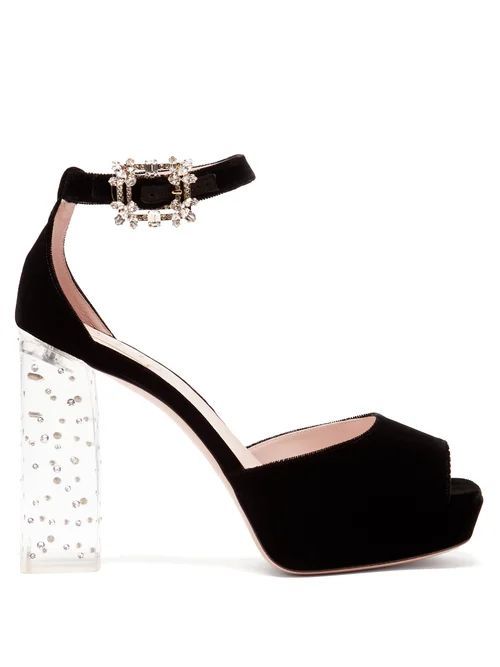 Broche Crystal-buckle Velvet Platform Sandals - Womens - Black
