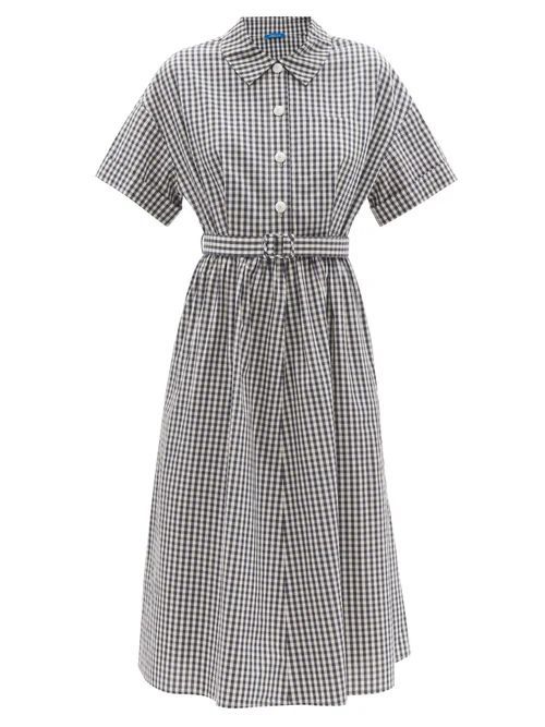 Belted Recycled-cotton Gingham Shirt Dress - Womens - Navy