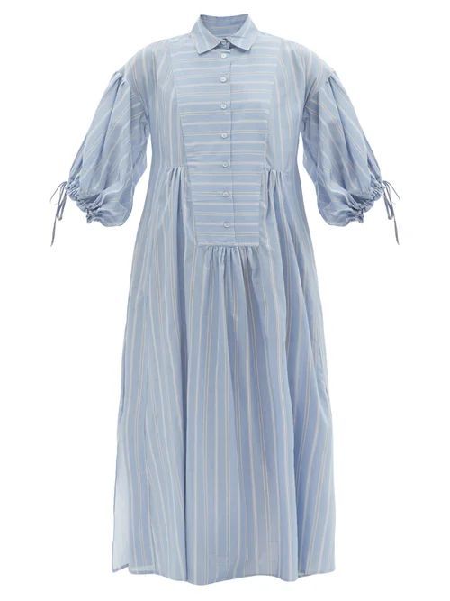 Balloon-sleeve Striped Cotton Shirt Dress - Womens - Light Blue