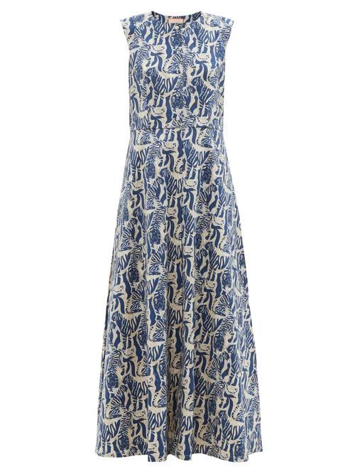 Arizona Tiger-print Cotton-blend Poplin Dress - Womens - Blue White