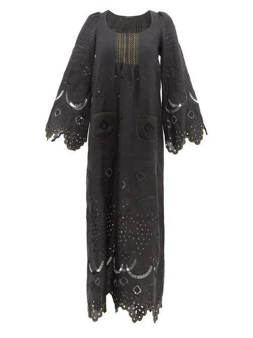 Avalon Broderie-anglaise Linen-voile Maxi Dress - Womens - Black
