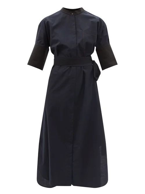 Belted Cotton-blend Poplin Shirt Dress - Womens - Navy