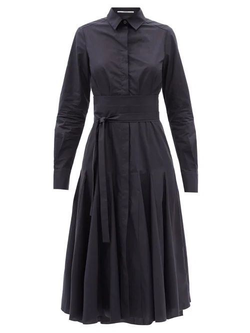 Belted Godet-panelled Organic-cotton Shirt Dress - Womens - Navy