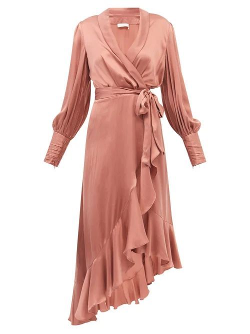 Bishop-sleeve Silk Wrap Midi Dress - Womens - Pink