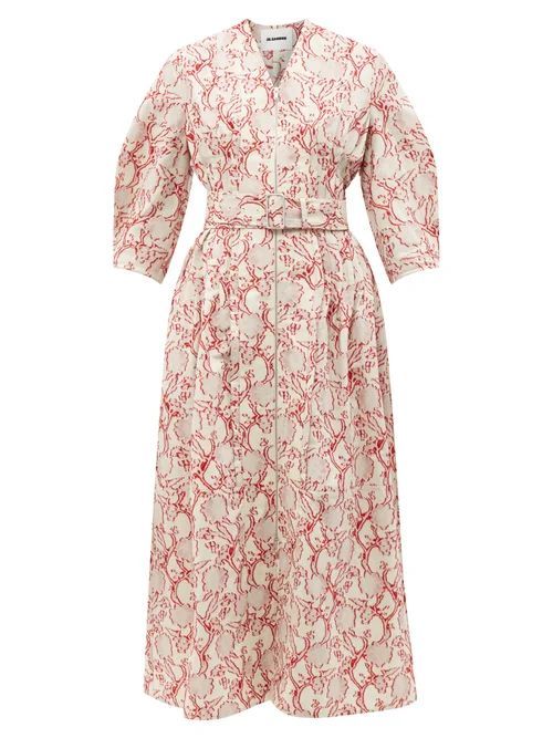 Belted Floral Fil-coupé Jacquard Midi Dress - Womens - Red White