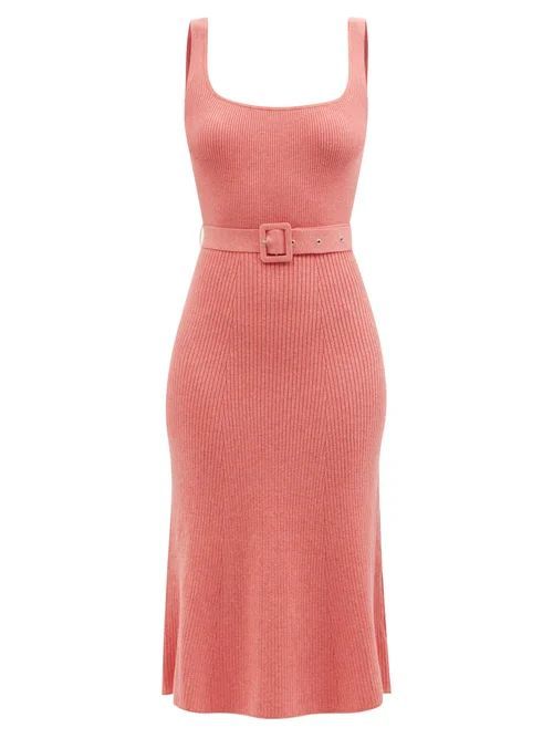 Belted Ribbed-knit Organic Cotton-blend Midi Dress - Womens - Pink