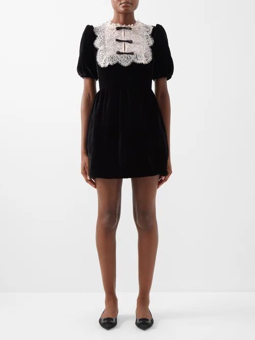 Cherie Lace-trim Velvet Mini Dress - Womens - Black
