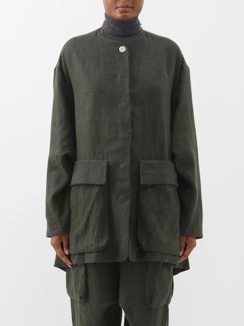 Brushed-linen Cargo Jacket - Womens - Dark Grey