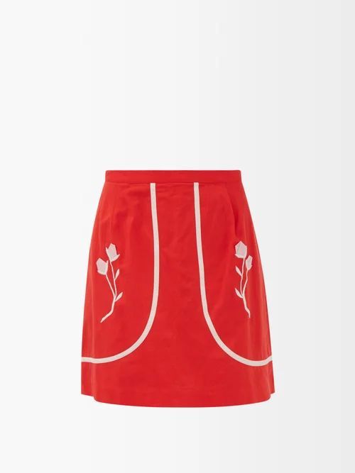 Carter Floral-embroidered Cotton Mini Skirt - Womens - Red Multi