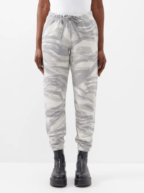 Brushstroke-print Cropped Cotton Track Pants - Womens - Grey Beige