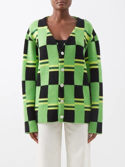 Chequered Cashmere Cardigan - Womens - Green Black