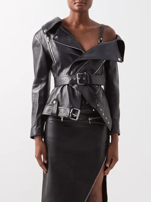 Asymmetric Leather Jacket - Womens - Black