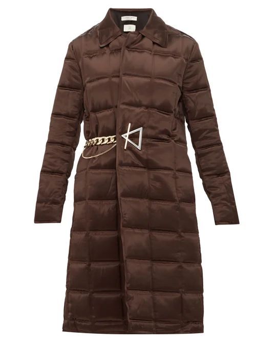Chain-embellished Quilted-satin Coat - Womens - Dark Brown