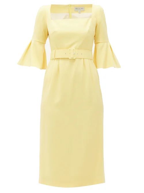 Camellia Belted Wool-crepe Dress - Womens - Light Yellow