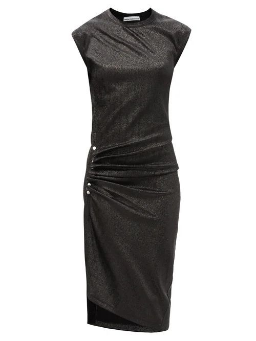 Button-ruched Asymmetric Lurex Midi Dress - Womens - Black