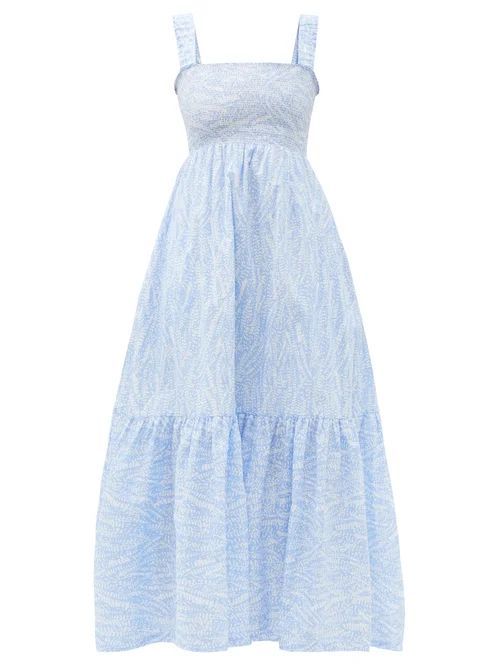 Cape Verde Smocked Feather-print Cotton Maxi Dress - Womens - Blue Print