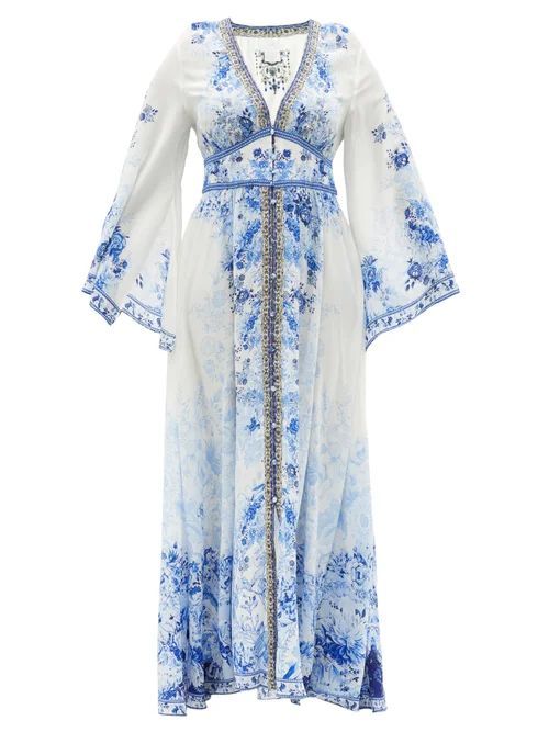 Camilla - Plunge-neck High Tea-print Silk Maxi Dress - Womens - Blue Print
