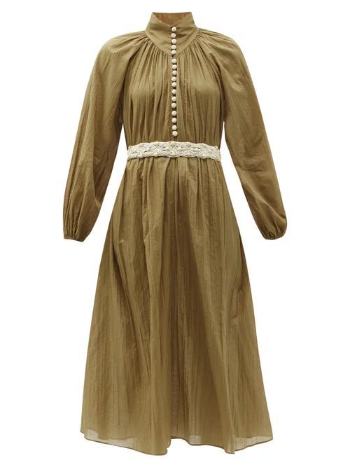 Cassia Belted Cotton-voile Midi Dress - Womens - Khaki