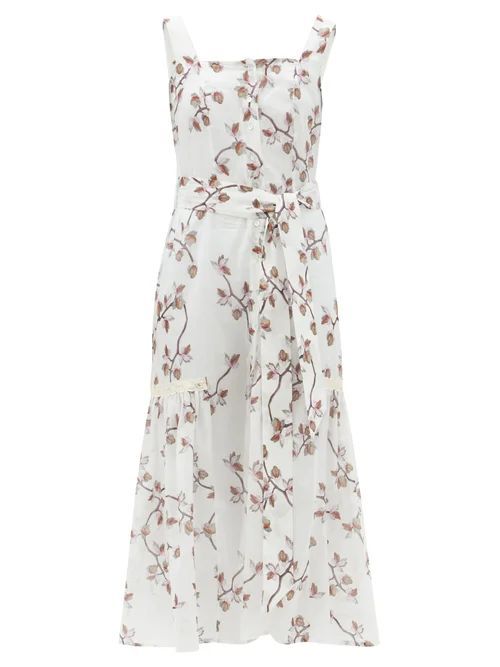 Camille Belted Floral-print Cotton-voile Dress - Womens - White Print