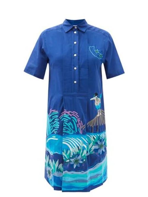 California Embroidered Cotton-khadi Shirt Dress - Womens - Blue