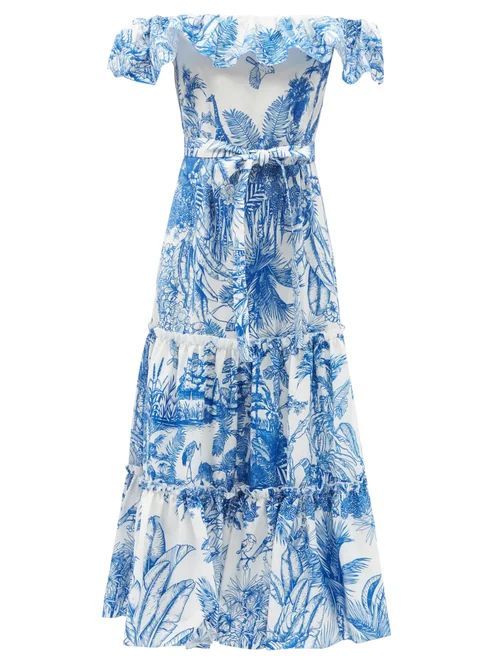 Cannes Off-the-shoulder Cotton-blend Midi Dress - Womens - Blue White