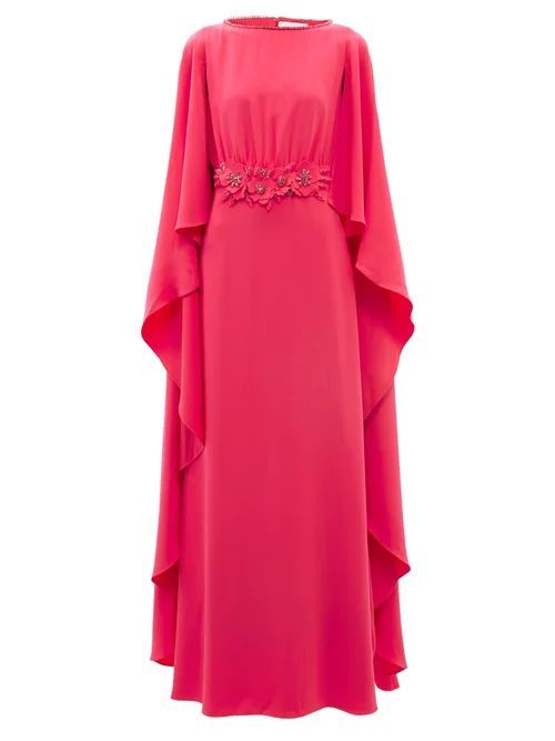 Cape-back Floral-appliqué Crepe Gown - Womens - Pink