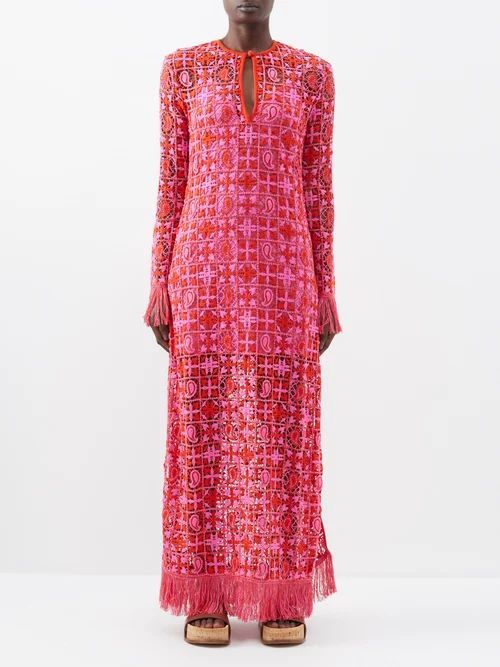 Crocheted Fringed-edge Maxi Dress - Womens - Red Orange