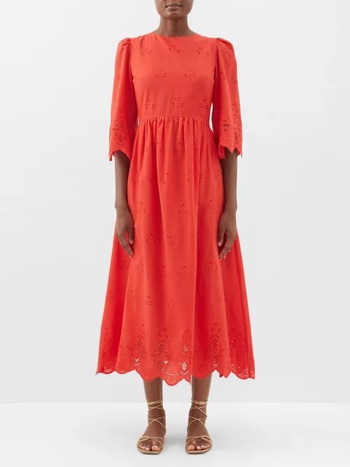Carla Broderie-anglaise Cotton-lawn Dress - Womens - Red