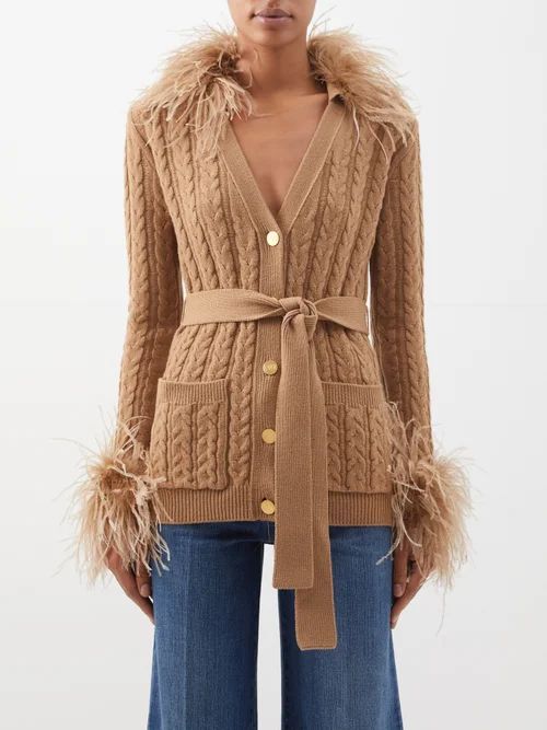 Cable-knit Feather-trim Wool Cardigan - Womens - Camel