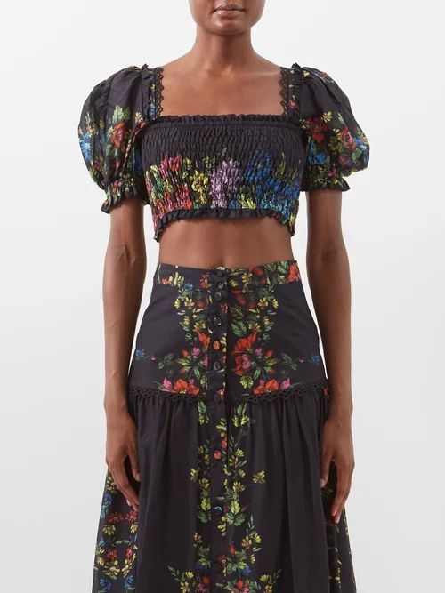 Cumbi Shirred Floral-print Cotton-blend Crop Top - Womens - Black Multi