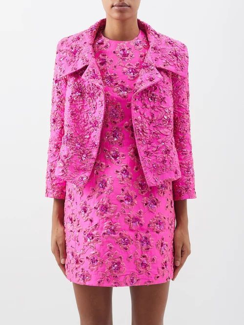 Cropped Floral-jacquard Lurex Jacket - Womens - Pink