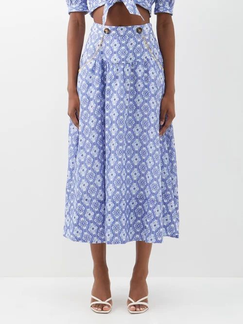 Della High-rise Printed Linen Skirt - Womens - Blue White