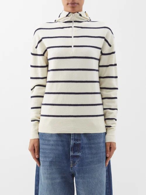 Boiled-cashmere Striped Knit Hoodie - Womens - Ivory Multi