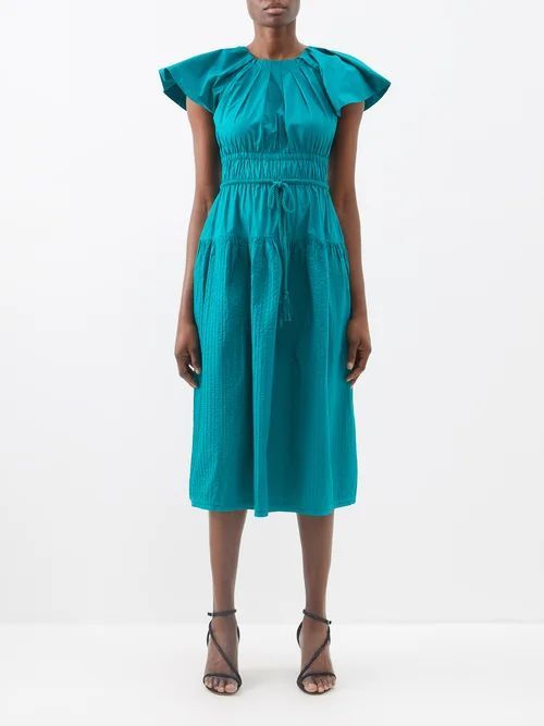 Darlene Pleated-cotton Midi Dress - Womens - Green