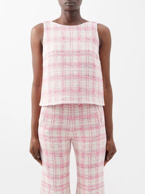 Checked Cotton-blend Tweed Top - Womens - Pink White