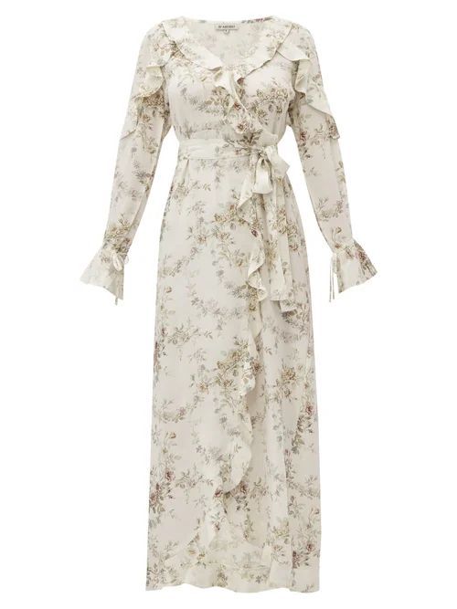 D'Ascoli - Bedford Floral-print Ruffle-trim Silk Dress - Womens - Beige