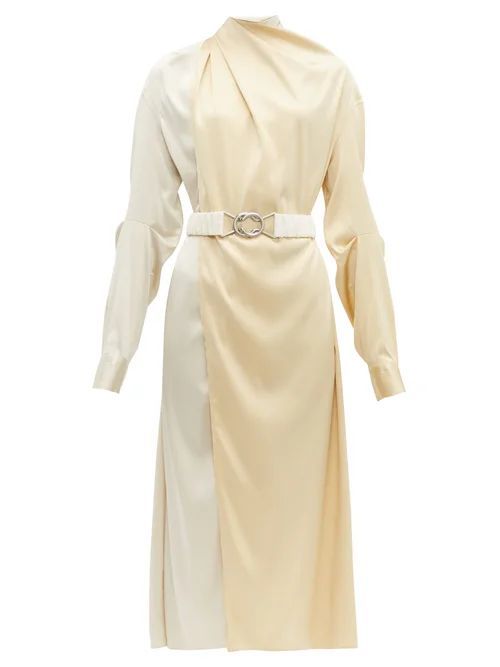 Draped Two-tone Belted Silk-satin Dress - Womens - Cream Multi