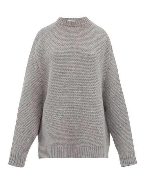 Crew-neck Basketweave Wool Sweater - Womens - Grey Marl
