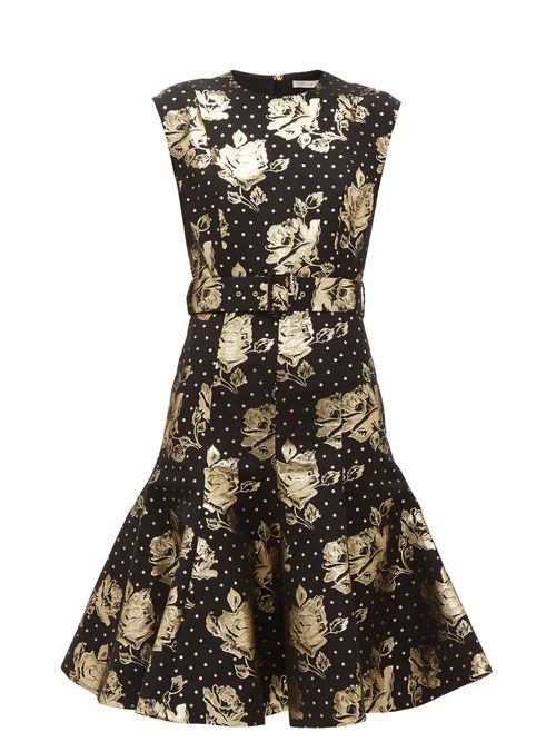 Danni Belted Metallic Floral-brocade Dress - Womens - Black Gold