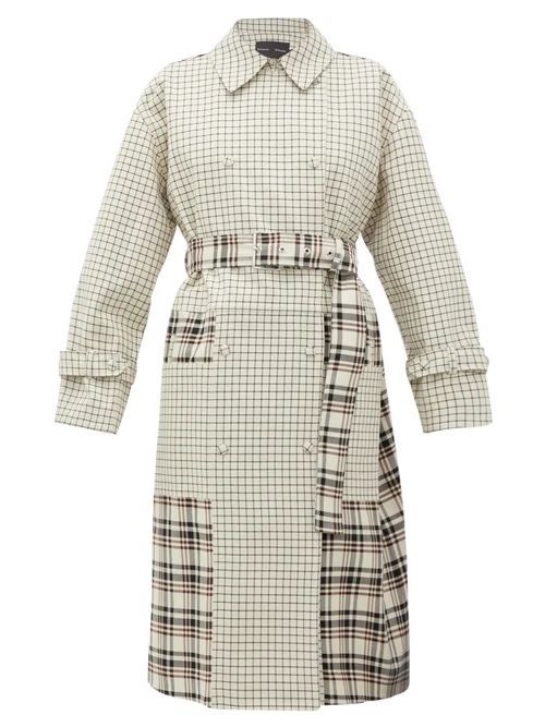 Double-breasted Checked Twill Trench Coat - Womens - Cream Multi