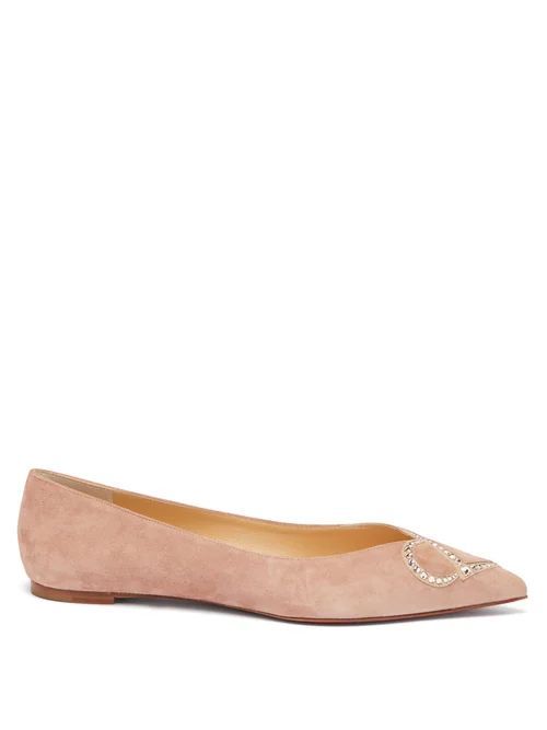 Cl-logo Crystal-embellished Point-toe Suede Flats - Womens - Nude