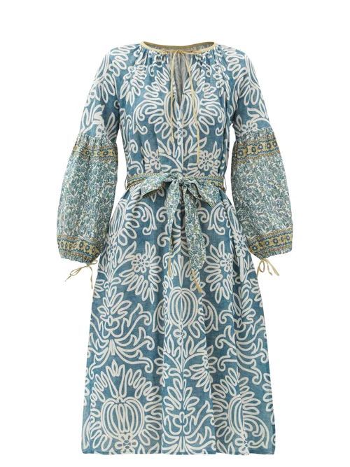 D'Ascoli - Laziza Belted Floral-print Cotton Dress - Womens - Blue
