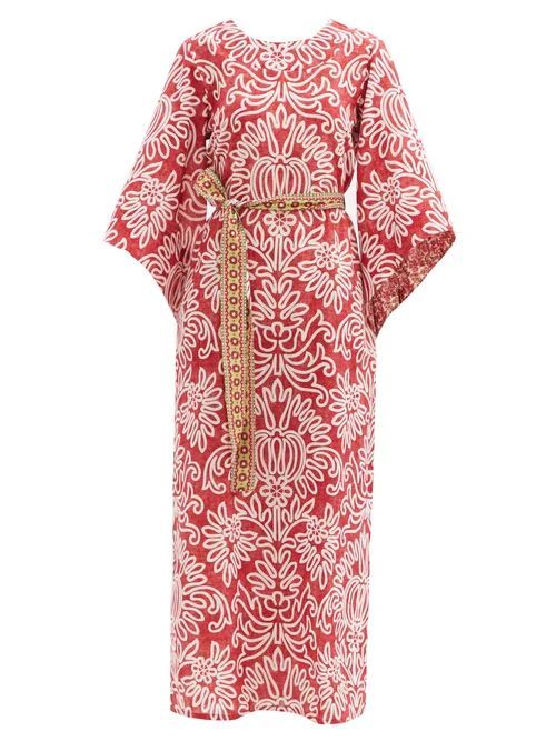 D'Ascoli - Raya Belted Floral-print Cotton-khadi Dress - Womens - Dark Pink