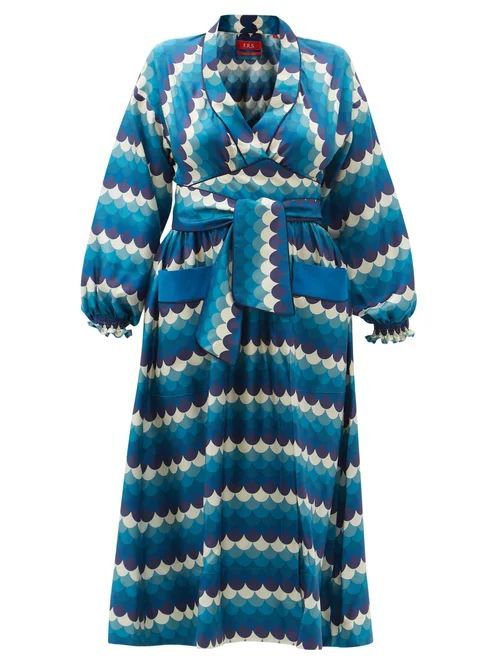 Cleodora Wave-print Silk-faille Midi Dress - Womens - Blue Multi