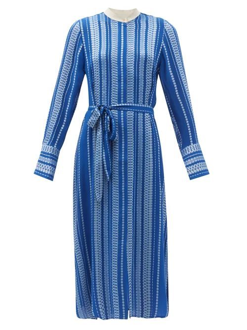 Dione Belted Embroidered Silk-blend Shirt Dress - Womens - Blue Stripe