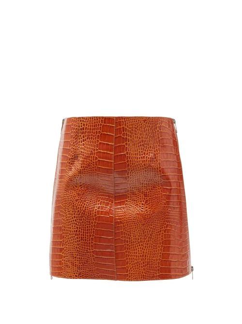 Crocodile-effect Leather Mini Skirt - Womens - Brown