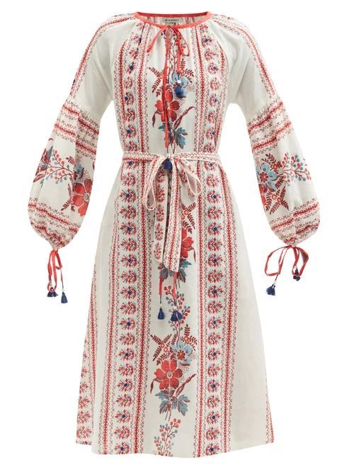 D'Ascoli - Olga Belted Floral-print Cotton-khadi Dress - Womens - Red Multi